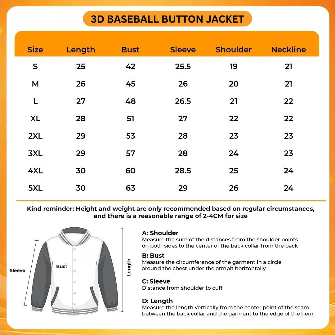 3D Baseball Button Jacket Size Chart - Gravity Falls Merchandise