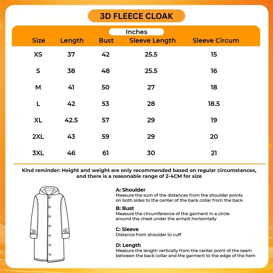 3D Fleece Cloak Size Chart - Gravity Falls Merchandise