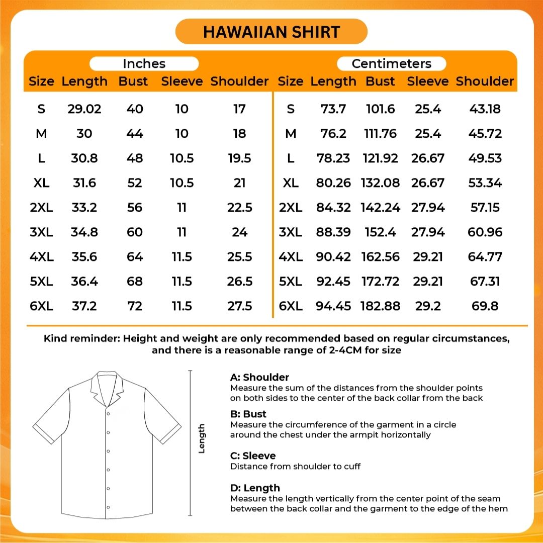 3D Hawaiian Shirt Size Chart - Gravity Falls Merchandise