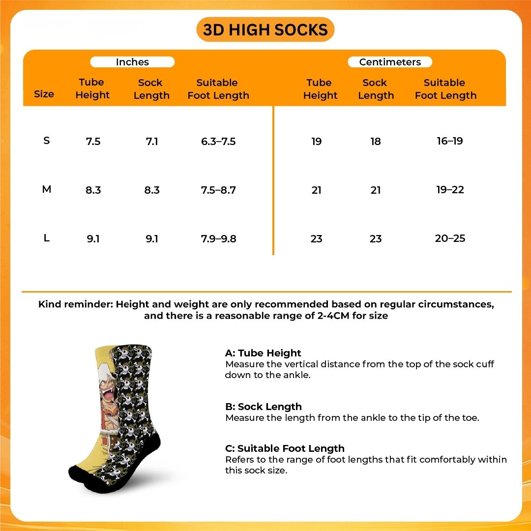 3D high Socks Size Chart - Gravity Falls Merchandise