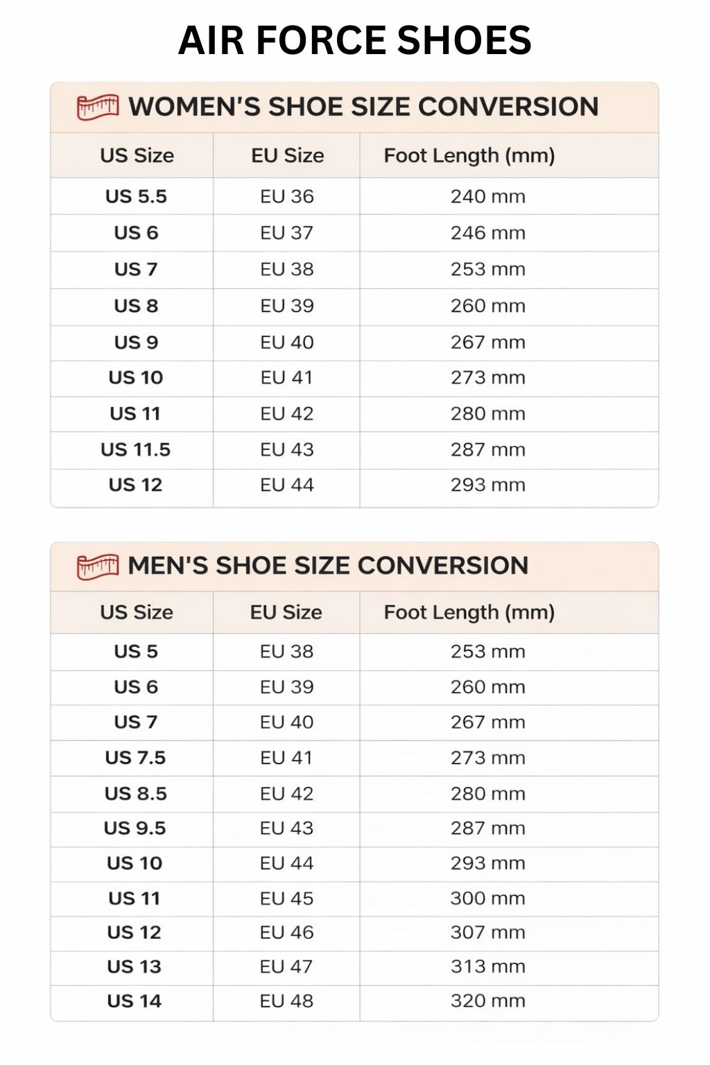 Air Force Shoes Size Chart - Gravity Falls Merchandise