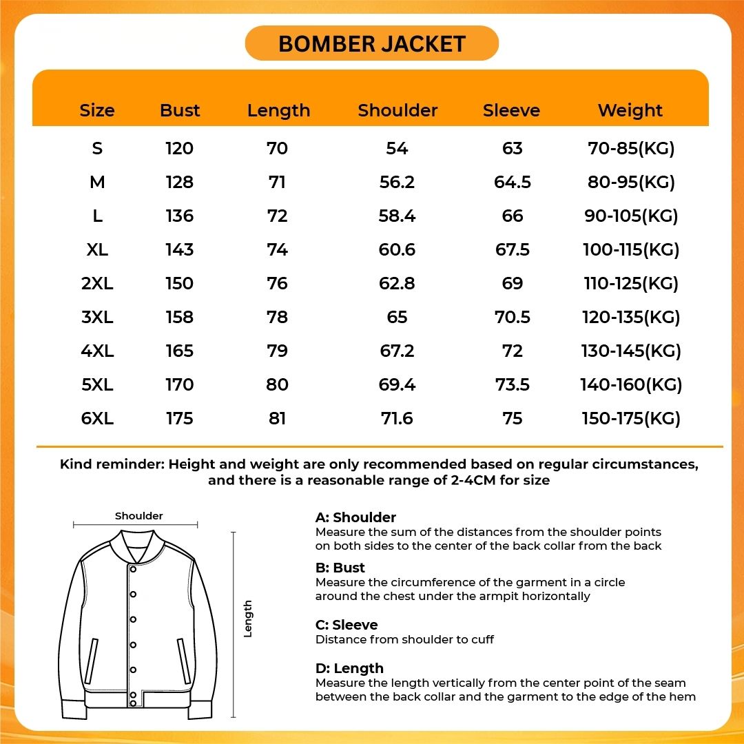 Bomber Jacket Size Chart - Gravity Falls Merchandise
