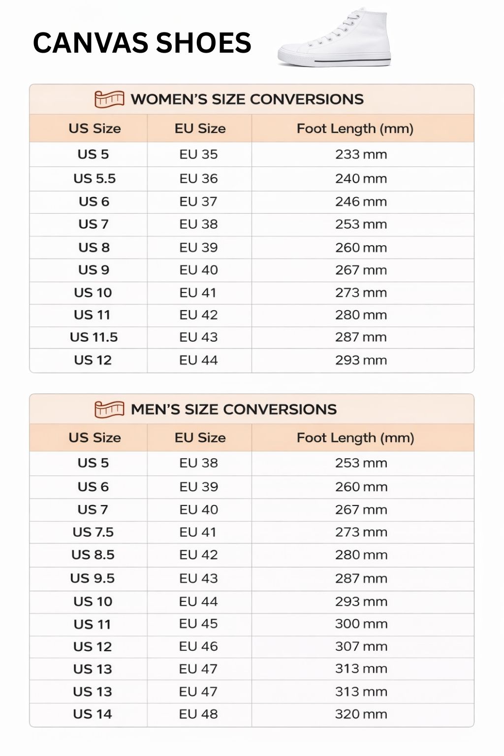 High Top Canvas Shoes Size Chart - Gravity Falls Merchandise