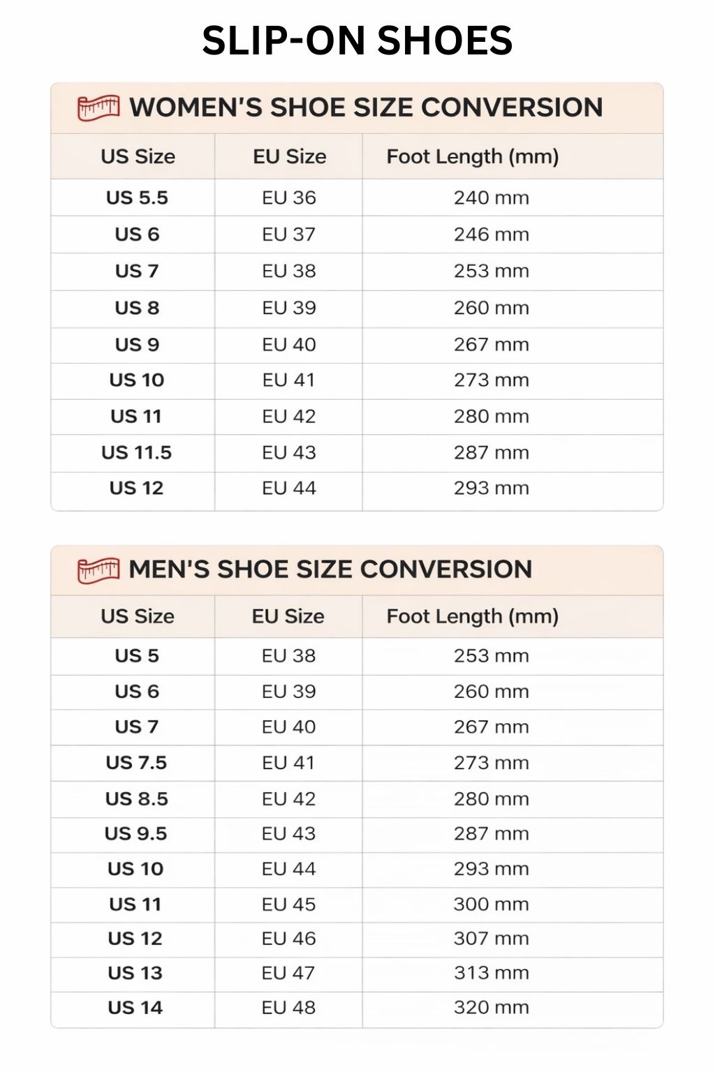 Slip On Shoes Size Chart - Gravity Falls Merchandise