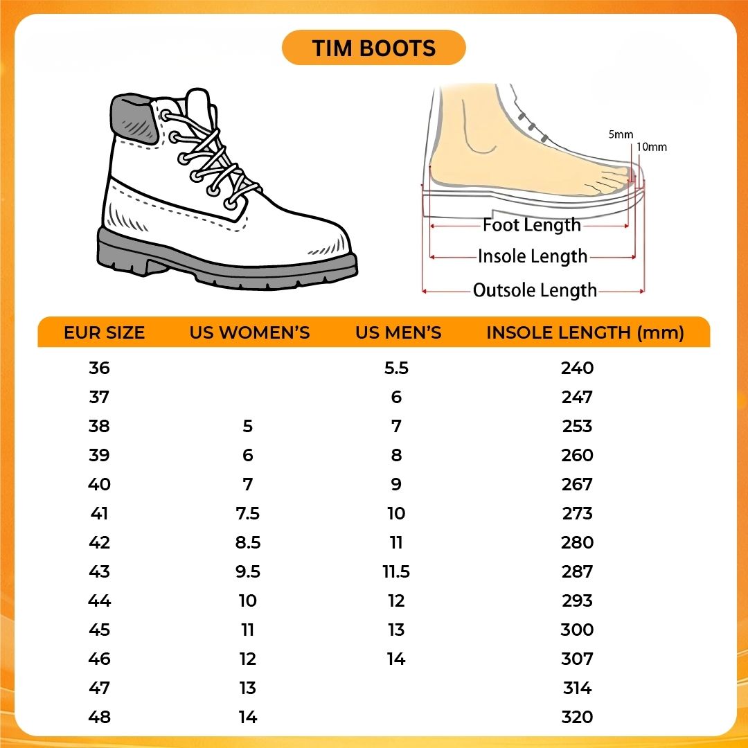 Tim Boots V1 Size Chart - Gravity Falls Merchandise